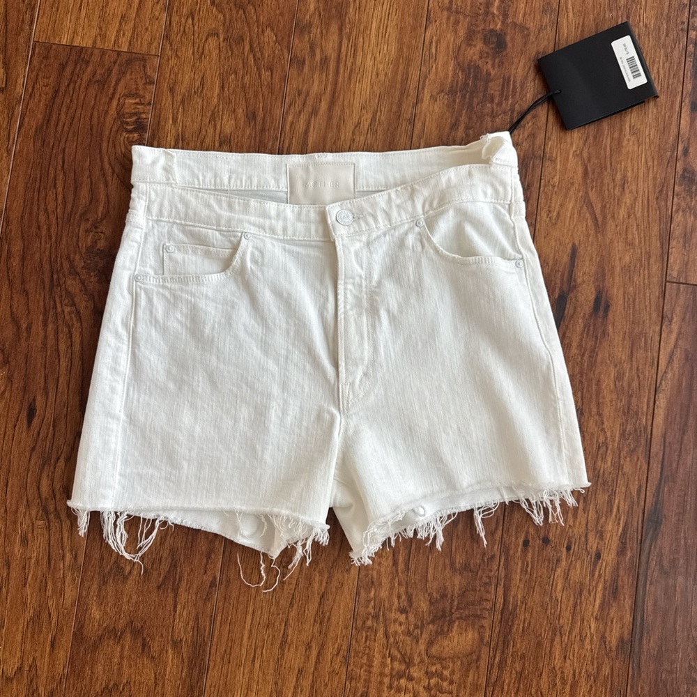 MOTHER White Jean Shorts with Frayed Hem